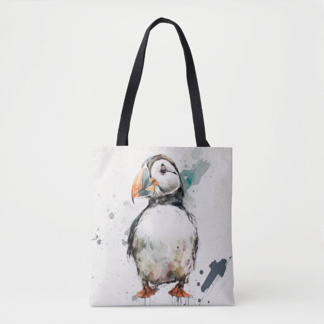 Bolsa Tote Puffin Bird Retrato Animal Pintura de animais (Frente)