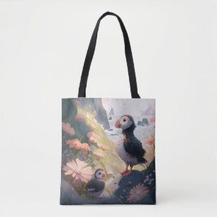 Bolsa Tote Puffin Bird Retrato Animal Pintura de animais