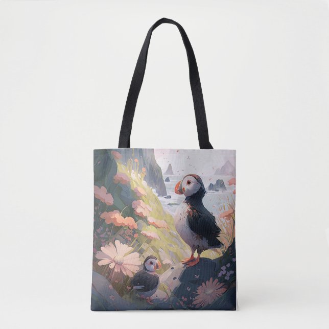 Bolsa Tote Puffin Bird Retrato Animal Pintura de animais (Frente)