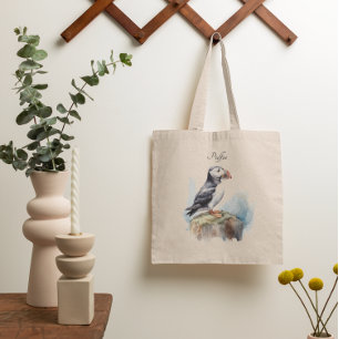 Bolsa Tote Puffin em Rock Watercolor, personalizado