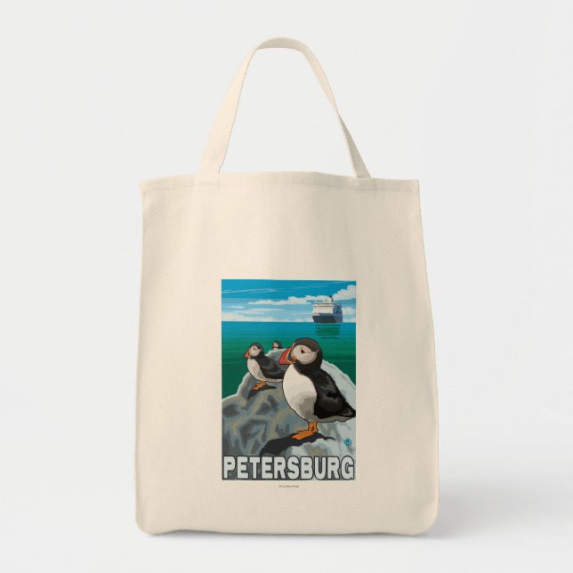 Bolsa Tote Puffins & Cruise Ship - Petersburg, Alaska (Frente)
