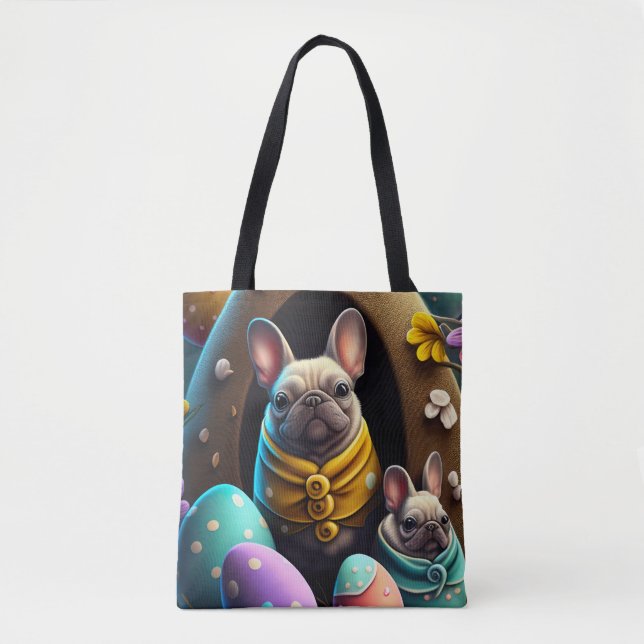 Bolsa Tote Pug Adorável com Ovos de Páscoa Uma Celebração Div (Frente)