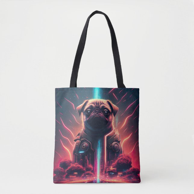 Bolsa Tote Pug Adorável no Figurino Robô Futurístico (Frente)