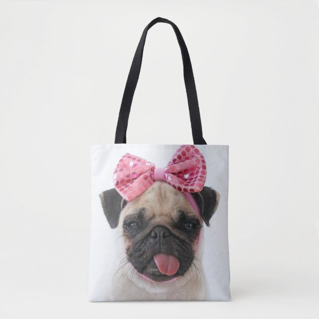 Bolsa Tote Pug com Arco rosa (Frente)