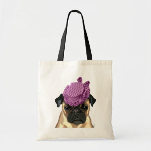 Bolsa Tote Pug com chapéu roxo de safra
