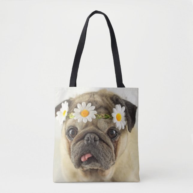 Bolsa Tote Pug com Daisy Crown (Frente)