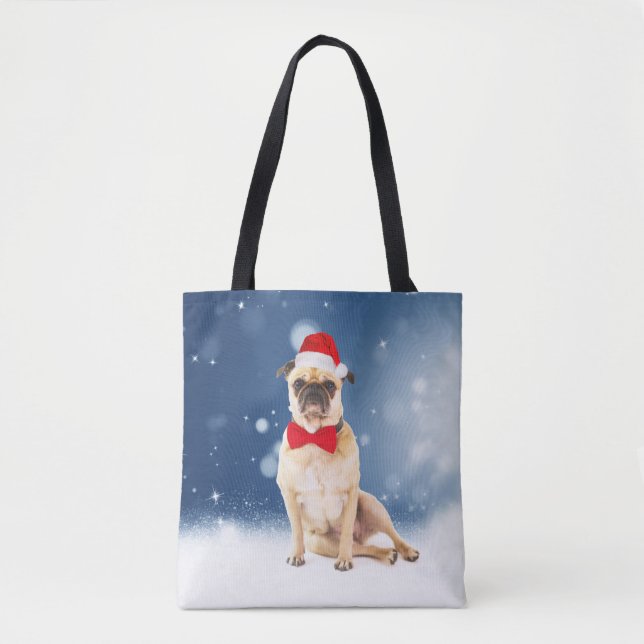 Bolsa Tote Pug com Papai Noel de Natal (Frente)