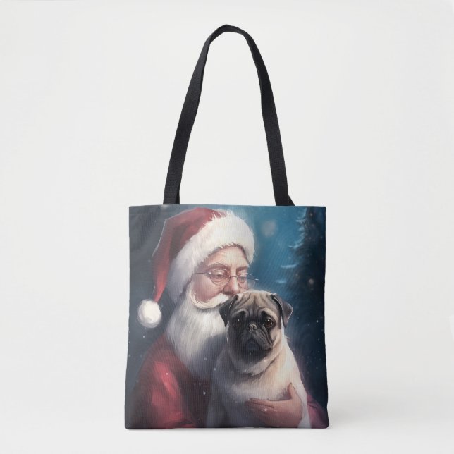 Bolsa Tote Pug Com Papai Noel Natal Festivo (Frente)