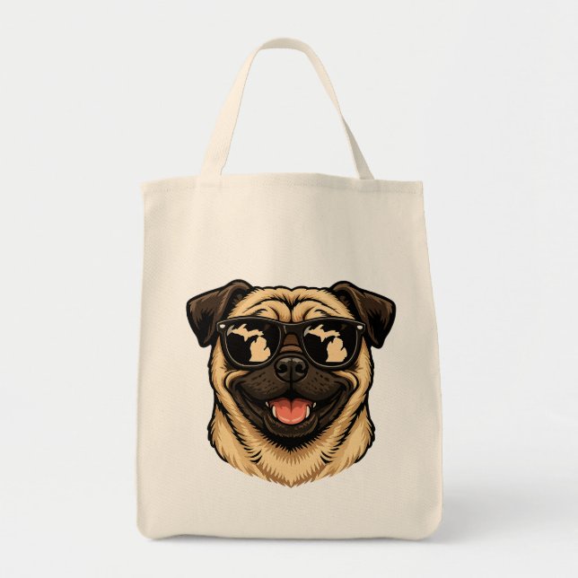 Bolsa Tote Pug de Michigan Usando Óculos de Sol (Frente)