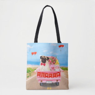 Bolsa Tote Pug Dog Dia de os namorados Truck Hearts