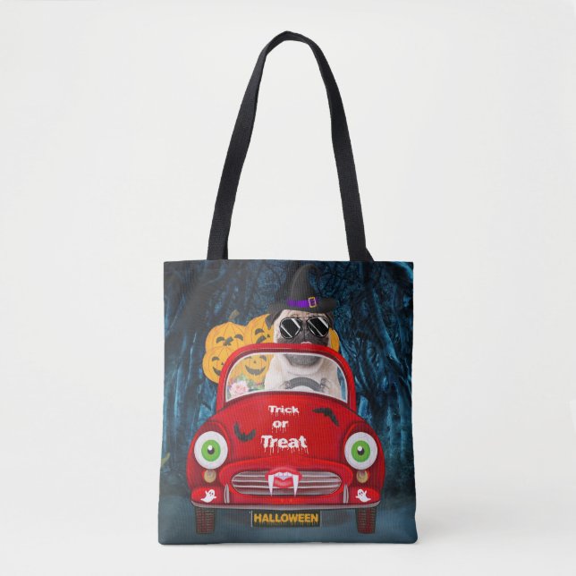 Bolsa Tote Pug Dog Dirigindo Carro Assustador Halloween (Frente)