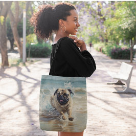 Bolsa Tote Pug Feliz na Praia personalizável
