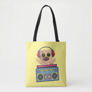BOLSA TOTE PUG MUSICAL RETRÔ E TOCADOR DE FITA