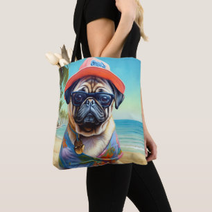 Bolsa Tote Pug na Praia, presente de verão para amante de cãe