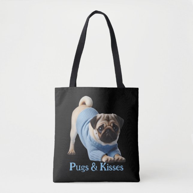 Bolsa Tote Pugs & Kisses: Design Adorável de Pug-Themed (Frente)