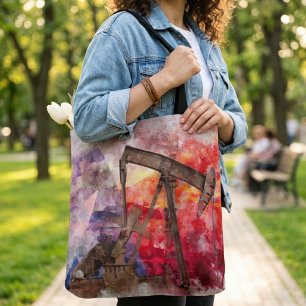 Bolsa Tote Pumpjack ícone Texan aquarela com Sinalizador Texa