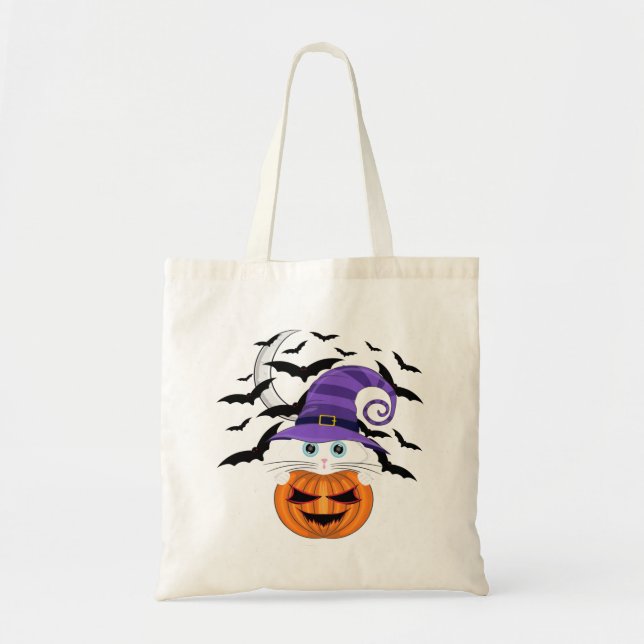 Bolsa Tote Pumpkin assustador com Gatinho branco e chapéu de  (Frente)