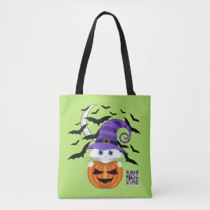 Bolsa Tote Pumpkin assustador com Gatinho branco e chapéu de