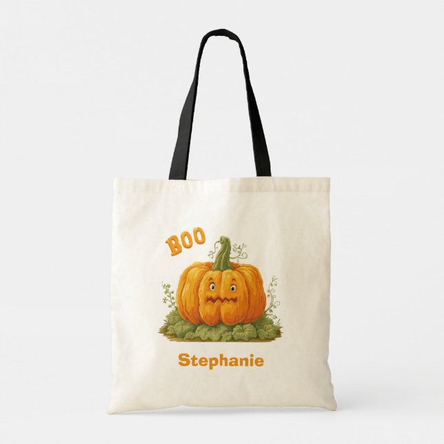Bolsa Tote Pumpkin Boo com nome personalizado (Verso)