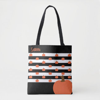 Bolsa Tote Pumpkin com Black & White Stripes - Personalizado