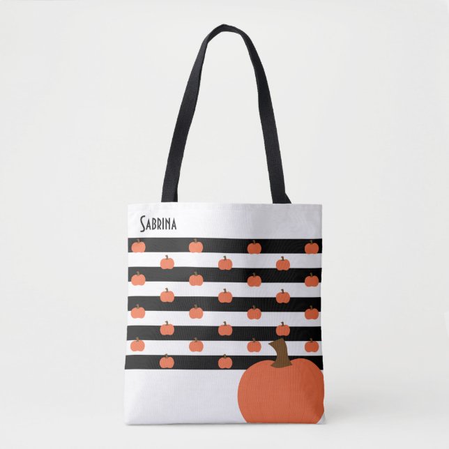 Bolsa Tote Pumpkin com faixas brancas e pretas - Personalizad (Frente)