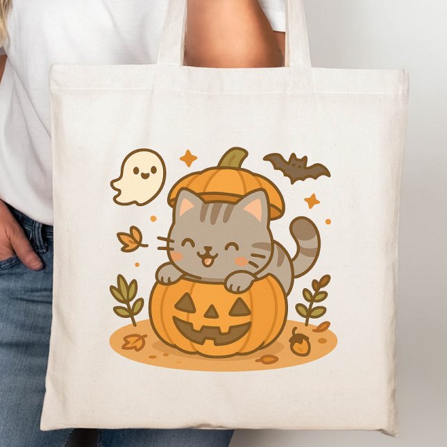 Bolsa Tote Pumpkin do Dia das Bruxas do Gato Malvado de Kawai (Criador carregado)