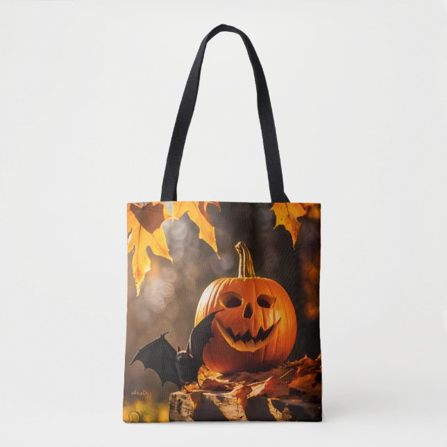 Bolsa Tote Pumpkin Lanterna e Bat Halloween (Frente)