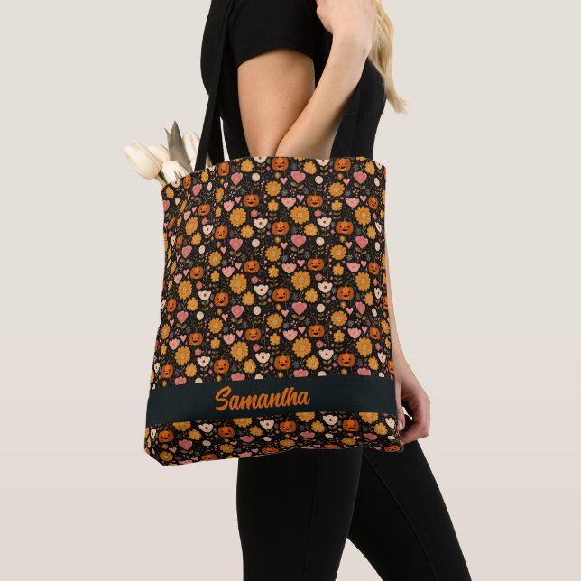 Bolsa Tote Pumpkin Love with Hearts and Flowers (Close Up)