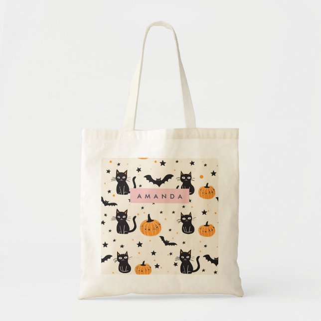 Bolsa Tote Pumpkin Preto de Gato Preto de Queda Personalizada (Frente)