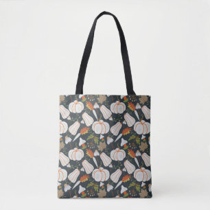 Bolsa Tote Pumpkin sem costura padrão floral preto e branco