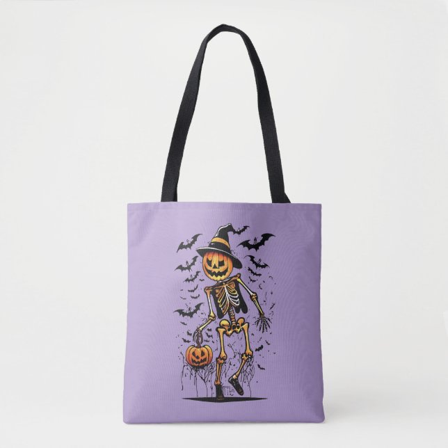 Bolsa Tote Pumpkin Skeleton Halloween Art  (Frente)