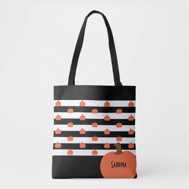 Bolsa Tote Pumpkin with Black & White Stripes - Personalized  (Frente)