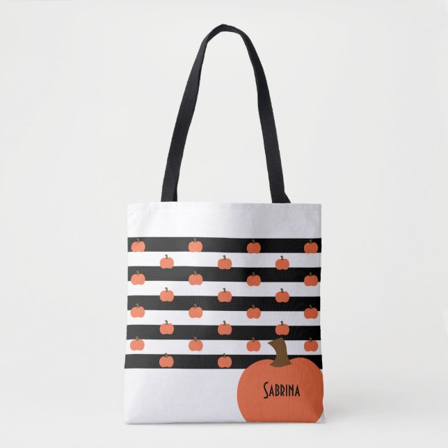 Bolsa Tote Pumpkin with White & Black Stripes - Personalized  (Frente)