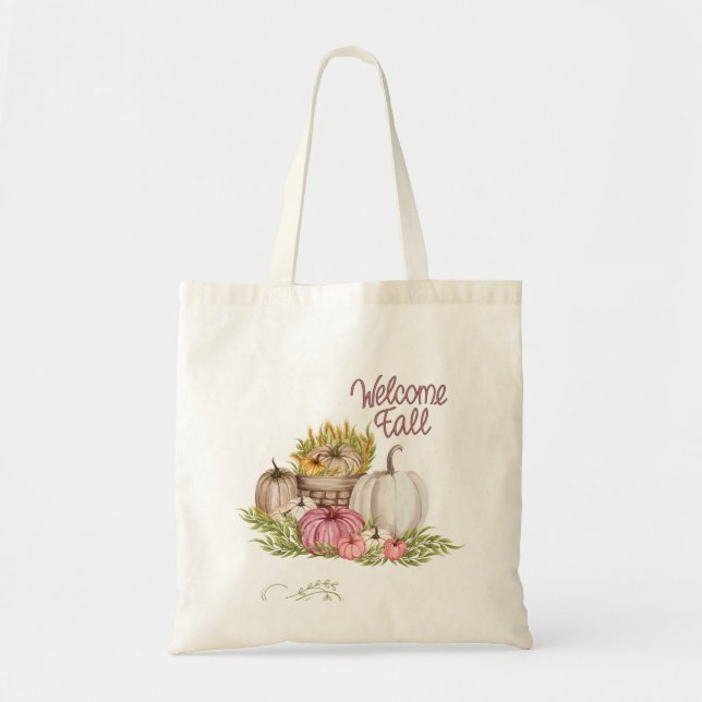 Bolsa Tote Pumpkins Branco Rosa Queda Bem-Vindo (Frente)