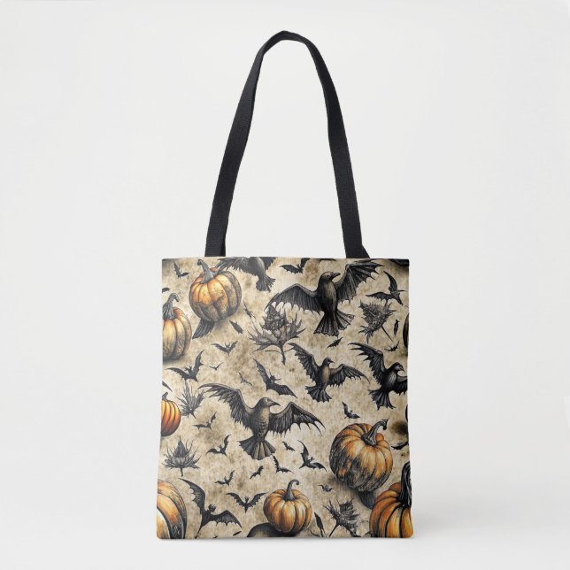 Bolsa Tote Pumpkins, Crows e Bats Halloween Padrão (2) (Frente)