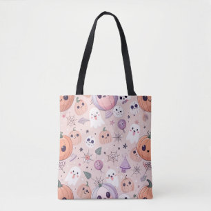 Bolsa Tote Pumpkins e Fantasmas bonitos do Halloween de rosa