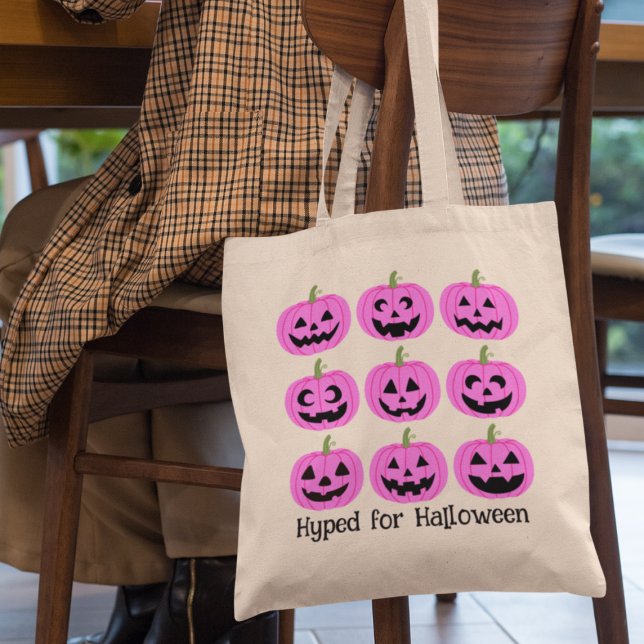 Bolsa Tote Pumpkins rosa amassado para o dia das bruxas (This item is for display purposes only to illustrate the design element. )