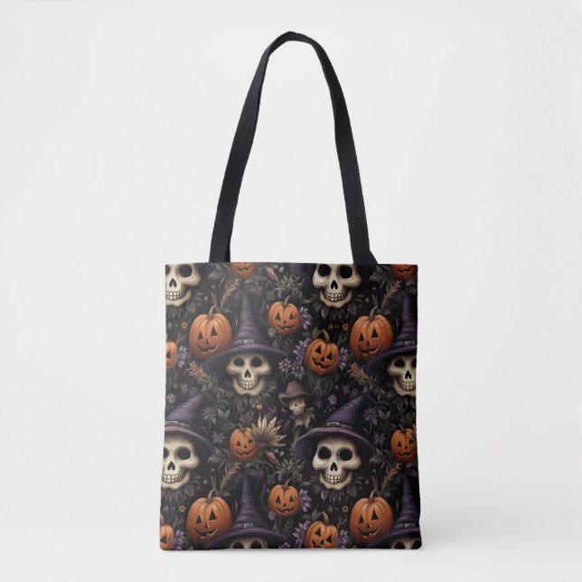 Bolsa Tote Pumpkins Skulls Flores Halloween (Frente)