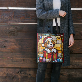 Bolsa Tote Puppy de Natal Envolto em Falso Vidro Pintado
