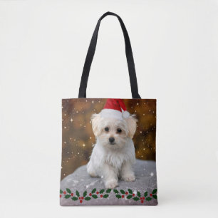 Bolsa Tote Puppy de Natal maltês