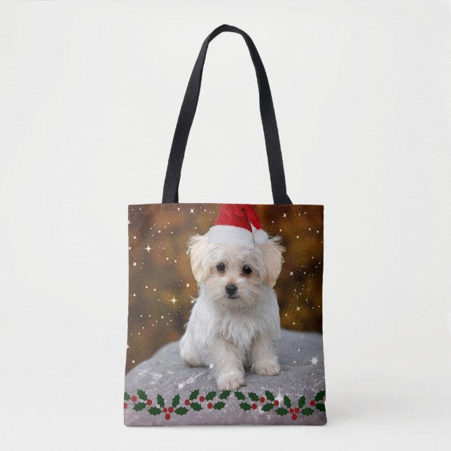 Bolsa Tote Puppy de Natal maltês (Frente)