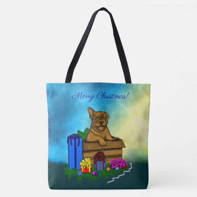 Bolsa Tote Puppy em uma caixa, Merry Xmas (Frente)