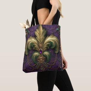 BOLSA TOTE PÚPULO COM MARDI GRAS FLEUR DI LIS VERDE E DOURADA