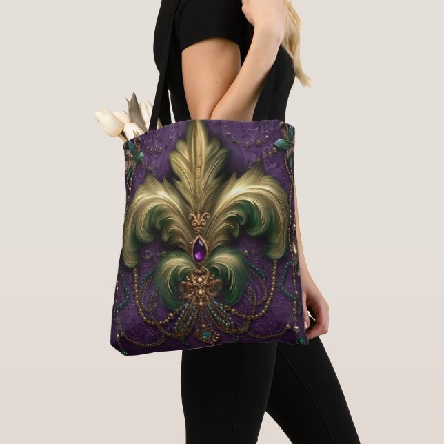 BOLSA TOTE PÚPULO COM MARDI GRAS FLEUR DI LIS VERDE E DOURADA (Close Up)