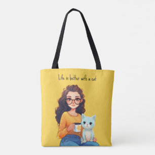 Bolsa Tote Purfect Cat Lover Mãe Bonito Amarelo