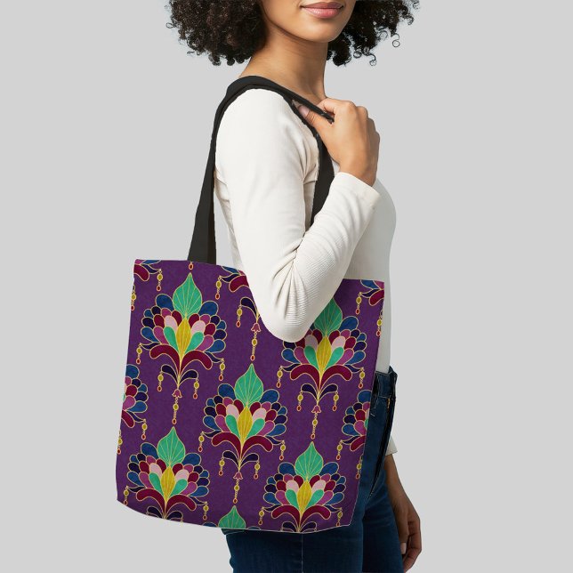 Bolsa Tote Purple and Gold Art Deco Floral Ornament (Criador carregado)