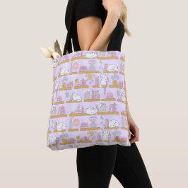 Bolsa Tote Purple Cats Library Book Cute Girl Pastel Reader