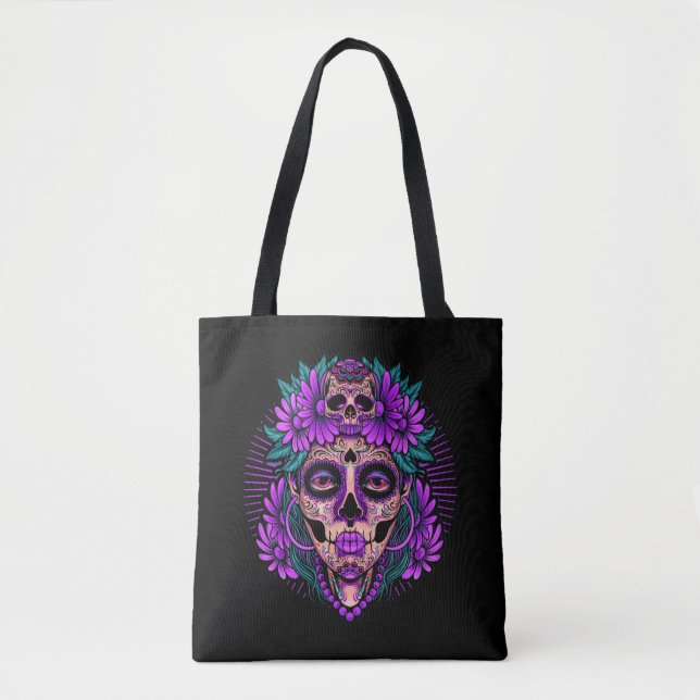 Bolsa Tote Purple Floral Black Sugar Skull Dia Dos Mortos (Frente)