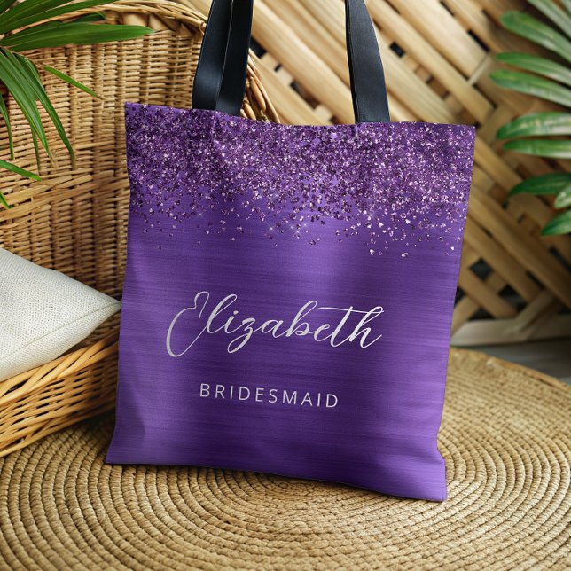 Bolsa Tote Purple Glam Metallic Modern Script Bridesmaid (Criador carregado)