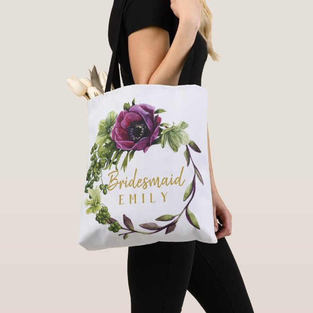 Bolsa Tote Purple Peony Wreath Bridesmaid Nome ID456 (Close Up)
